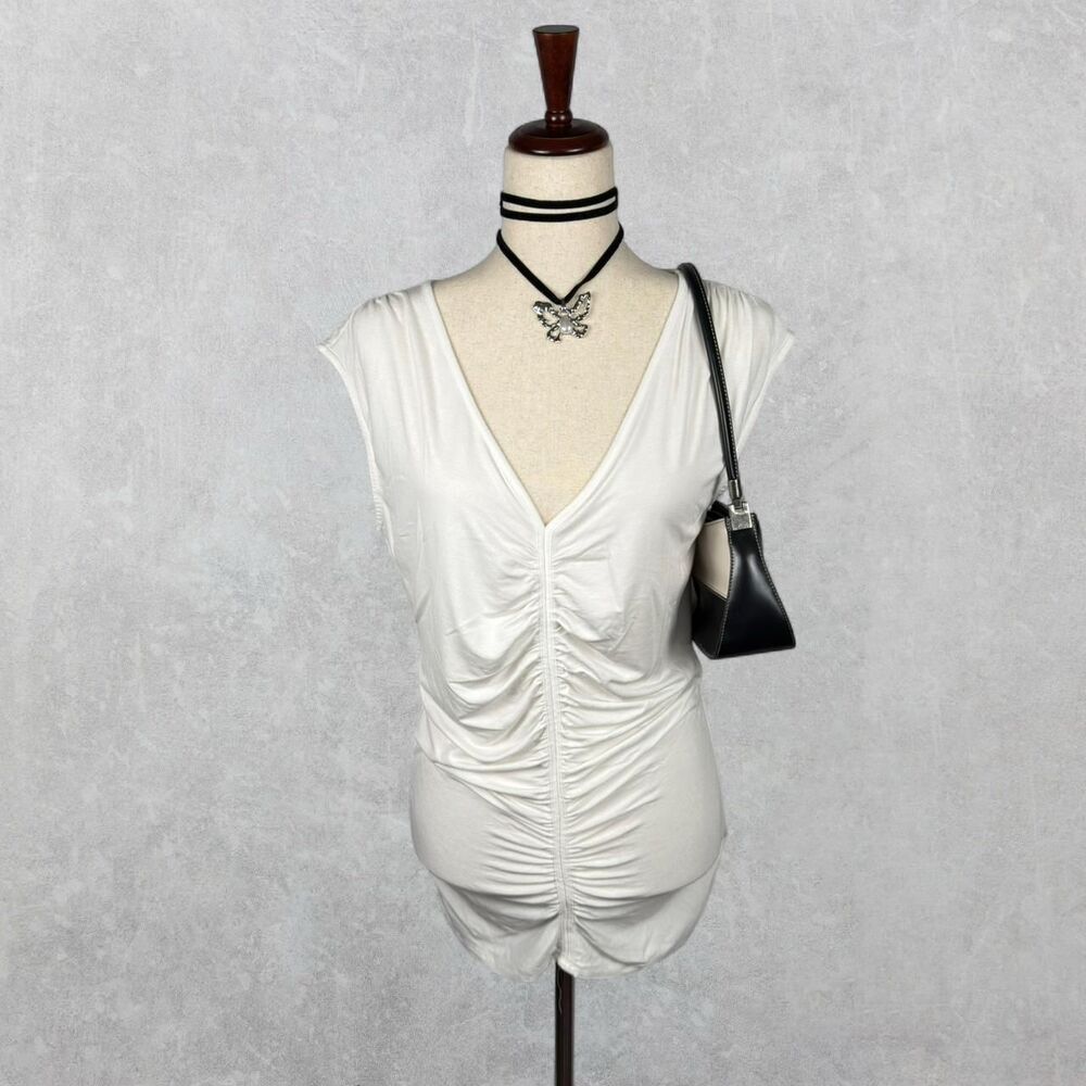 Adrianna Papell Ivory Cream Ruched V-Neck Slinky Tunic Tank Top